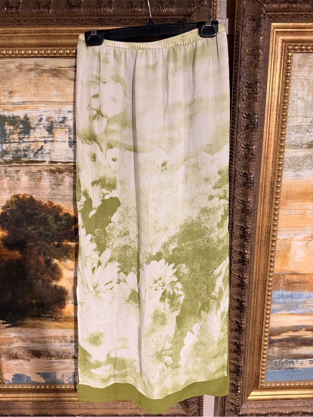 Silk Green and White Floral Maxi Skirt